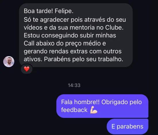 Print da mensagem de Aluno Trader Raiz: Subindo minhas calls abaixo do preço médio.